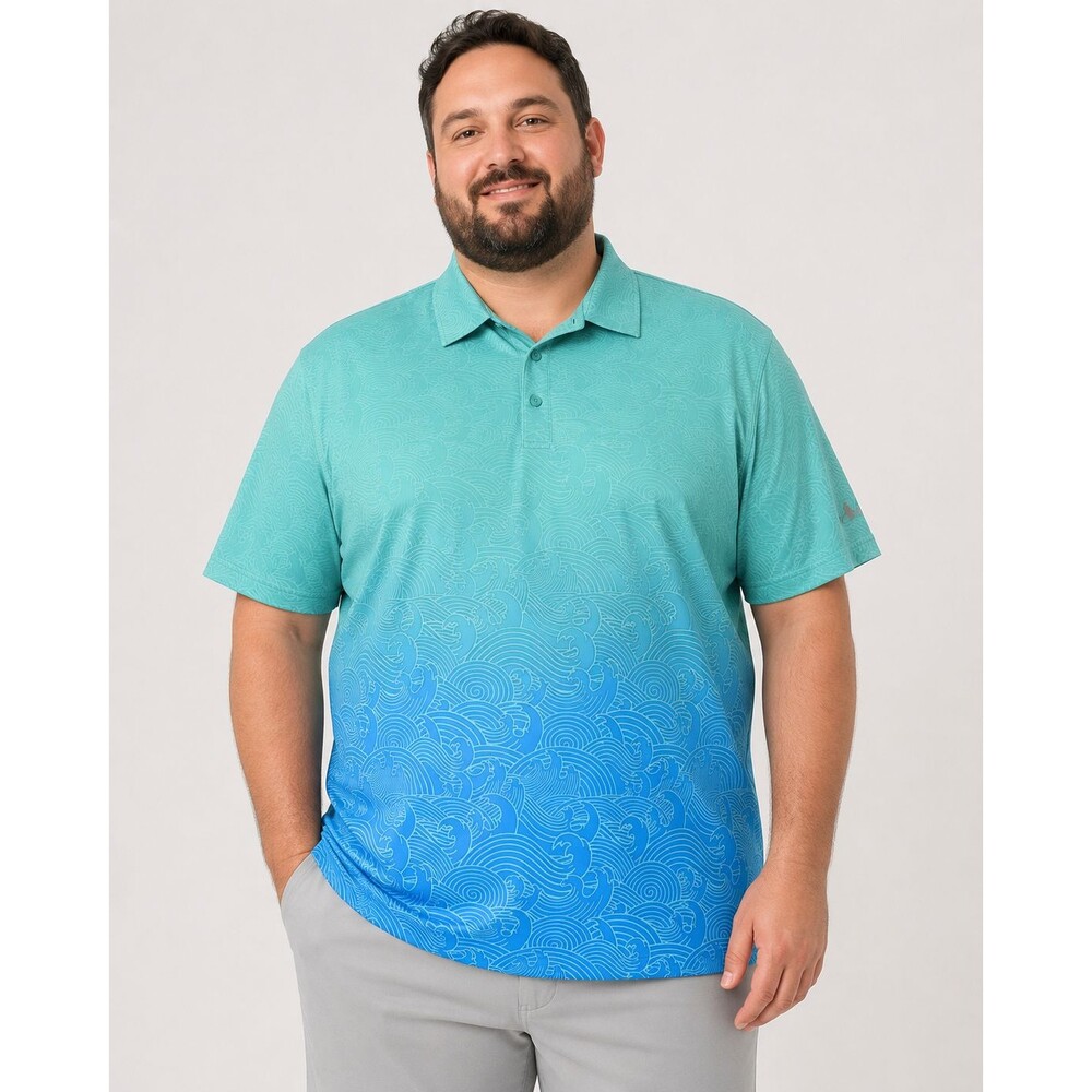 Birdie Bound Mens 3XL Golf Polo Shirt Teal Blue Fish Wave Ombre Performance